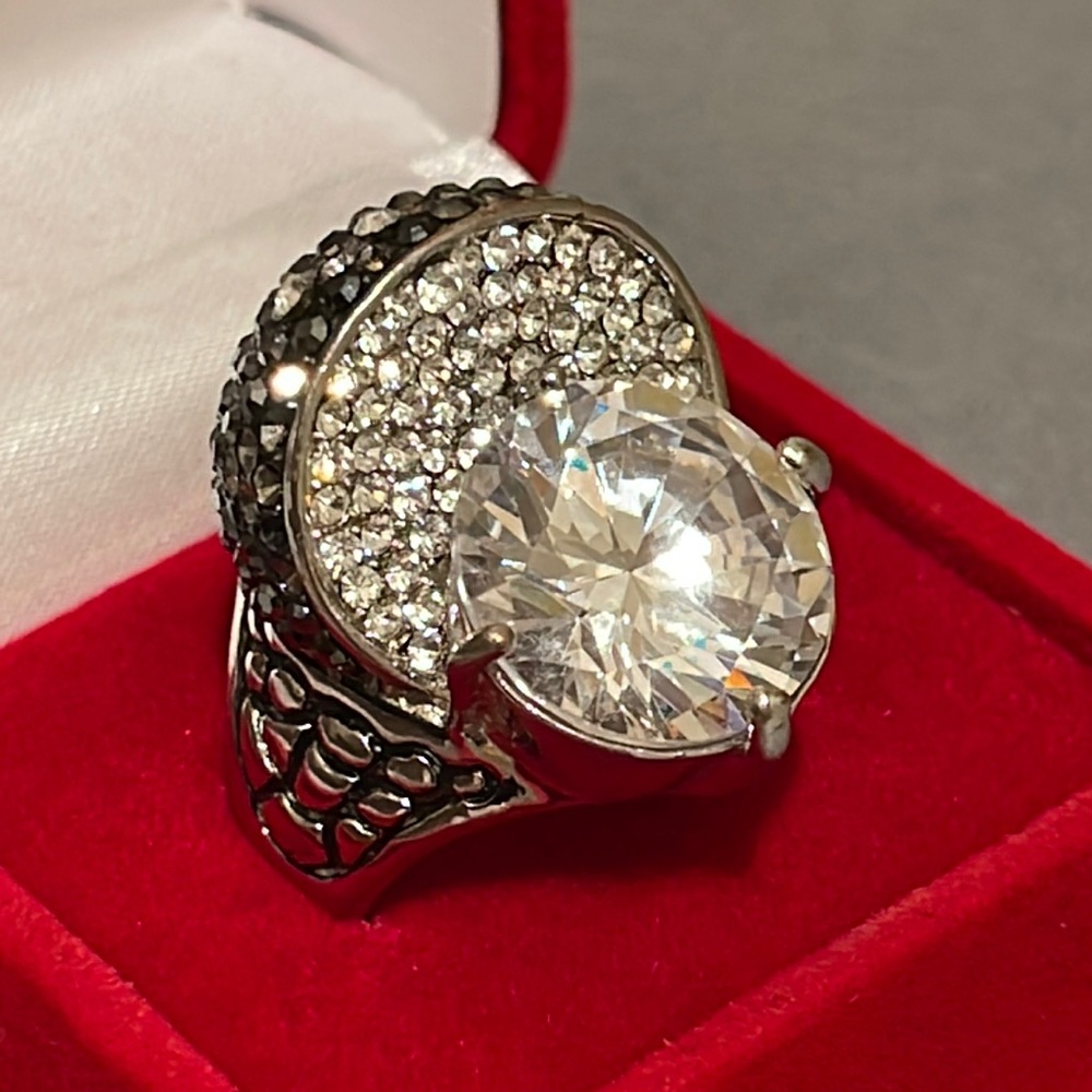 Solitaire Diamond Sterling Silver Ring - image 1